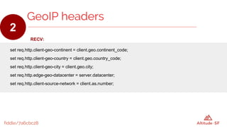 fiddle/7a6cbc28
RECV:
set req.http.client-geo-continent = client.geo.continent_code;
set req.http.client-geo-country = client.geo.country_code;
set req.http.client-geo-city = client.geo.city;
set req.http.edge-geo-datacenter = server.datacenter;
set req.http.client-source-network = client.as.number;
GeoIP headers
2
 