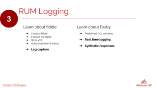 fiddle/b62fa9ee
RUM Logging
3
Learn about fiddle
➔ Create a fiddle
➔ Execute the fiddle
➔ Write VCL
➔ Autocompletion & linting
➔ Log capture
Learn about Fastly
➔ Predefined VCL variables
➔ Real time logging
➔ Synthetic responses
 