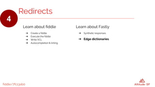 fiddle/7fc13ab0
Redirects
4
Learn about fiddle
➔ Create a fiddle
➔ Execute the fiddle
➔ Write VCL
➔ Autocompletion & linting
Learn about Fastly
➔ Synthetic responses
➔ Edge dictionaries
 