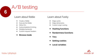 fiddle/38f96b56
A/B testing
6
Learn about fiddle
➔ Create a fiddle
➔ Execute the fiddle
➔ Write VCL
➔ Autocompletion & linting
➔ Multiple backends
➔ Custom request headers
➔ Browse mode
Learn about Fastly
➔ Edge cache
➔ Edge dictionaries
➔ Custom origin routing
➔ Hashing functions
➔ Randomness functions
➔ Vary
➔ Setting cookies
➔ Local variables
 