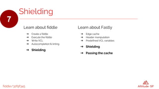 fiddle/32f9f345
Shielding
7
Learn about fiddle
➔ Create a fiddle
➔ Execute the fiddle
➔ Write VCL
➔ Autocompletion & linting
➔ Shielding
Learn about Fastly
➔ Edge cache
➔ Header manipulation
➔ Predefined VCL variables
➔ Shielding
➔ Passing the cache
 
