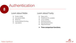 fiddle/a5bfbcce
Authentication
8
Learn about fiddle
➔ Create a fiddle
➔ Execute the fiddle
➔ Write VCL
➔ Autocompletion & linting
➔ Log capture
Learn about Fastly
➔ Edge cache
➔ Predefined VCL variables
➔ Local variables
➔ Hashing functions
➔ Querystring functions
➔ Edge dictionaries
➔ Time comparison functions
 