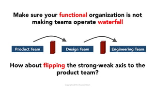Make sure your functional organization is not
making teams operate waterfall
How about ﬂipping the strong-weak axis to the...