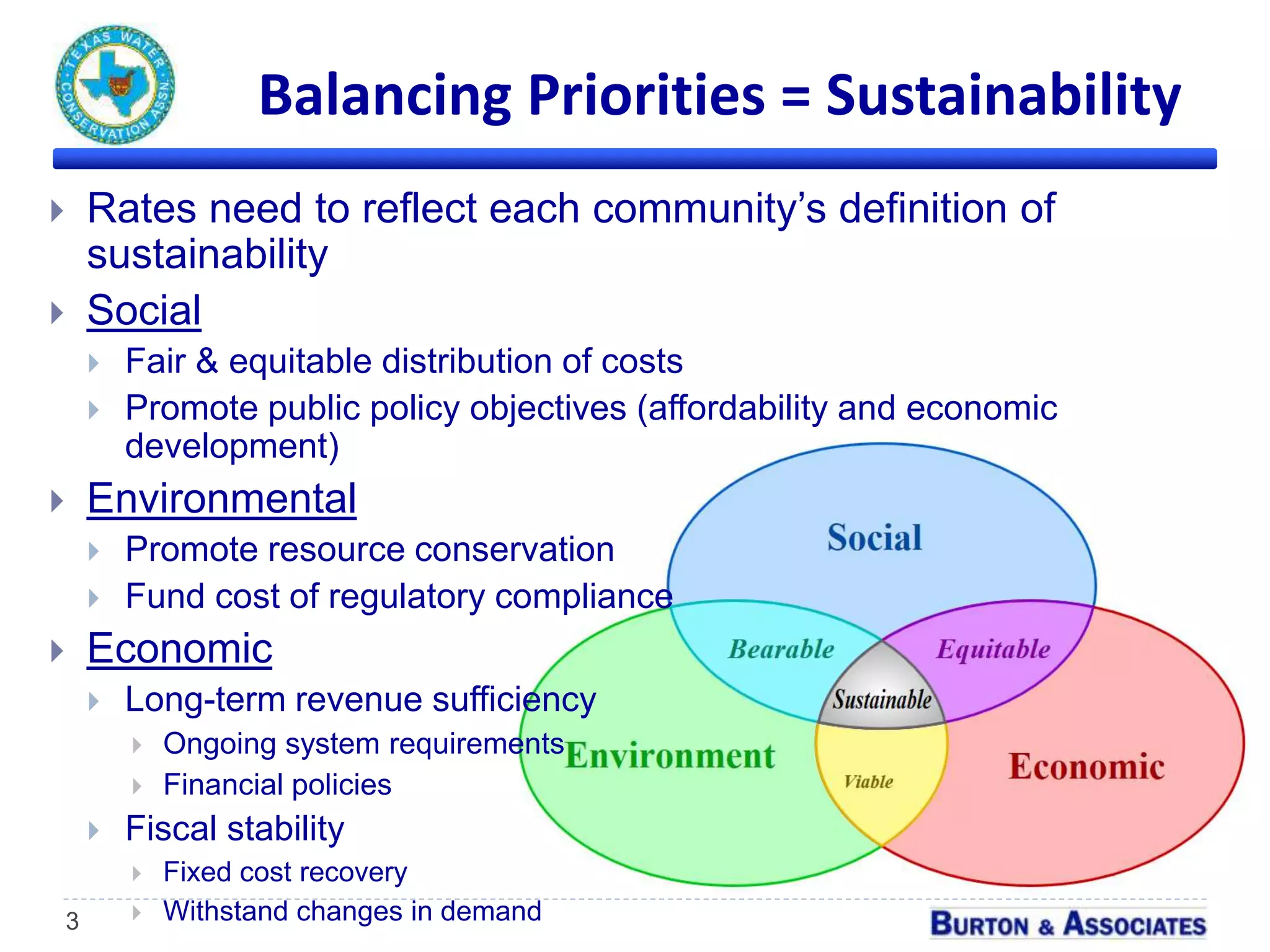 3
Balancing Priorities = Sustainability
 Rates need to reflect each community’s definition of
sustainability
 Social
 Fair & equitable distribution of costs
 Promote public policy objectives (affordability and economic
development)
 Environmental
 Promote resource conservation
 Fund cost of regulatory compliance
 Economic
 Long-term revenue sufficiency
 Ongoing system requirements
 Financial policies
 Fiscal stability
 Fixed cost recovery
 Withstand changes in demand
 