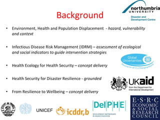 Background Environment, Health and Population Displacement  -  hazard, vulnerability and context Infectious Disease Risk Management (IDRM) –  assessment of ecological and social indicators to guide intervention strategies Health Ecology for Health Security –  concept delivery Health Security for Disaster Resilience -  grounded  From Resilience to Wellbeing –  concept delivery UNICEF 