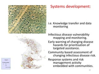 Systems development: i.e. Knowledge transfer and data monitoring Infectious disease vulnerability mapping and monitoring.  Early warning of changing disease hazards for prioritisation of targeted assistance.  Community based assessment of changing infectious disease risk. Response systems and risk management activity embedded with communities. 