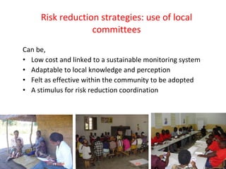Risk reduction strategies: use of local committees Can be, Low cost and linked to a sustainable monitoring system Adaptable to local knowledge and perception Felt as effective within the community to be adopted A stimulus for risk reduction coordination 