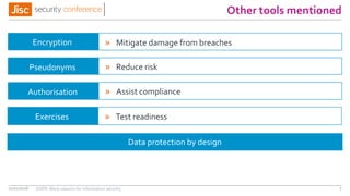 Other tools mentioned
11/11/2016 GDPR: More reasons for information security 7
Encryption » Mitigate damage from breaches
Data protection by design
Exercises » Test readiness
» Assist complianceAuthorisation
» Reduce riskPseudonyms
 