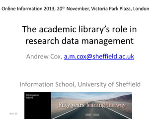 Online Information 2013, 20th November, Victoria Park Plaza, London

The academic library’s role in
research data management
Andrew Cox, a.m.cox@sheffield.ac.uk

Information School, University of Sheffield

Nov-13

 