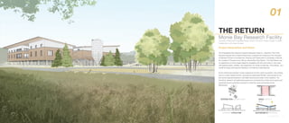 INTERSECTION NATURAL & BUILT
EXPRESSED STRUCTURE SUSTAINABILITY STRATEGIES
SPACE CREATION
Project Description and Vision
The Chesapeake Bay National Estuarine Research Reserve - Maryland, Part of the
Maryland Department of Natural Resources, employed the students at the University
of Maryland School of Architecture, Planning and Preservation to develope a ﬁeld sta-
tion located in Princess Anne, MD as a Monie Bay Field Station. The Field Station has
an opportunity to have a large impact by engaging with the community in new ways
with special events, exhibits, and classrooms for hands-on learning. The building , as a
model of energy and resource eﬃciency, will itself be a teaching tool.
At the intersection between human experience and the marsh ecosystem, the building
acts as a water ﬁltration facility. Educational wastewater ﬁltration terracing serves as
the central organizing element, ultimately returning the water to the wetlands. The
dormitory, research, and gathering spaces are connected by a linear porch space and
organized around a decked courtyard to maximize views and access to the
Marshlands.
THE RETURN
Monie Bay Research Facility
University of Maryland Integrated Design Studio | Fall 2018 | Project Length 12 weeks
Collaboration with Adam Knoebel
01
6 THE RETURN 7
 