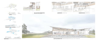 1. DEEP OVERHANGS
2. ENERGY GENERATION
3. SOLAR TUBES FOR DEEPER SPACES
1. PRIMARY TANK
2. RECIRCULATION TANK
3-4. TIDAL FLOW WETLANDS5-6.VETICAL FLOW WETLANDS
INFLUENT BLACK/GREY WATER
FALL
SPRING
WINTER
SUMMER
Labratory Perspective LABORATORY PERSPECTIVE ADMINISTRATION PERSPECTIVE
SECTION PERSPECTIVE: THROUGH ADMINISTRATION AND STAFF DORMITORY
Wall Section Comparison 1/4” = 1’-0”
2 X 12
RAFTER
2 1/2" ROOF ZIP SYSTEM
11 1/2" WOOL INSULATION
STANDING SEAM
METAL ROOFING
2 1/2" WALL ZIP
SYSTEM
AIR/WATER
BARRIER
WINDOW HEADER
2 X 6 WALL
STUD
5 1/2" INSULATION
RECYCLED
METAL SIDING
SELF-ADHERED MEMBRANE
ROLLING SHUTTER
SYSTEM
VENT
RECYCLED METAL
SIDING
FLASHING
2 1/2" WALL
ZIP SYSTEM
TONGUE AND GROOVE
CEDAR FINISH
2 X 6 WALL
STUD
5 1/2" WOOL
INSULATION
WINDOW HEADER
SIMPSON STRONG TIE
PROTECTIVE PANEL
RAIL
2 1/2" ZIP
AIR/VAPOR
BARRIER 2 1/2" OSB
INSULATED
PANEL
8" WOOL
INSULATION
1 1/2"
SUBFLOOR
3/4" GYPSUM
MAPLE FLOORING
2 X 12 TGI FLOOR
JOISTS
PROTECTIVE
PANEL RAIL
2 X 4 KICKER
SIMPSON HANGER
CEDAR CLADDING
COMPOSITE DECKING
2 X 12 JOISTS
Building Section 1/4" = 1' - 0".
2 X 12
RAFTER
2 1/2" ROOF ZIP SYSTEM
11 1/2" WOOL INSULATION
STANDING SEAM
METAL ROOFING
2 1/2" WALL ZIP
SYSTEM
AIR/WATER
BARRIER
WINDOW HEADER
2 X 6 WALL
STUD
5 1/2" INSULATION
RECYCLED
METAL SIDING
SELF-ADHERED MEMBRANE
ROLLING SHUTTER
SYSTEM
VENT
RECYCLED METAL
SIDING
FLASHING
2 1/2" WALL
ZIP SYSTEM
TONGUE AND GROOVE
CEDAR FINISH
2 X 6 WALL
STUD
5 1/2" WOOL
INSULATION
WINDOW HEADER
SIMPSON STRONG TIE
PROTECTIVE PANEL
RAIL
2 1/2" ZIP
AIR/VAPOR
BARRIER 2 1/2" OSB
INSULATED
PANEL
8" WOOL
INSULATION
1 1/2"
SUBFLOOR
3/4" GYPSUM
MAPLE FLOORING
2 X 12 TGI FLOOR
JOISTS
PROTECTIVE
PANEL RAIL
2 X 4 KICKER
SIMPSON HANGER
CEDAR CLADDING
COMPOSITE DECKING
2 X 12 JOISTS
Building Section 1/4" = 1' - 0".
2 X 12
RAFTER
2 1/2" ROOF ZIP SYSTEM
11 1/2" WOOL INSULATION
STANDING SEAM
METAL ROOFING
2 1/2" WALL ZIP
SYSTEM
AIR/WATER
BARRIER
WINDOW HEADER
2 X 6 WALL
STUD
5 1/2" INSULATION
RECYCLED
METAL SIDING
SELF-ADHERED MEMBRANE
ROLLING SHUTTER
SYSTEM
VENT
RECYCLED METAL
SIDING
FLASHING
2 1/2" WALL
ZIP SYSTEM
TONGUE AND GROOVE
CEDAR FINISH
2 X 6 WALL
STUD
5 1/2" WOOL
INSULATION
WINDOW HEADER
SIMPSON STRONG TIE
PROTECTIVE PANEL
RAIL
2 1/2" ZIP
AIR/VAPOR
BARRIER 2 1/2" OSB
INSULATED
PANEL
8" WOOL
INSULATION
1 1/2"
SUBFLOOR
3/4" GYPSUM
MAPLE FLOORING
2 X 12 TGI FLOOR
JOISTS
PROTECTIVE
PANEL RAIL
2 X 4 KICKER
SIMPSON HANGER
CEDAR CLADDING
COMPOSITE DECKING
2 X 12 JOISTS
Building Section 1/4" = 1' - 0".
2 X 12
RAFTER
2 1/2" ROOF ZIP SYSTEM
11 1/2" WOOL INSULATION
STANDING SEAM
METAL ROOFING
2 1/2" WALL ZIP
SYSTEM
AIR/WATER
BARRIER
WINDOW HEADER
2 X 6 WALL
STUD
5 1/2" INSULATION
RECYCLED
METAL SIDING
SELF-ADHERED MEMBRANE
ROLLING SHUTTER
SYSTEM
VENT
RECYCLED METAL
SIDING
FLASHING
2 1/2" WALL
ZIP SYSTEM
TONGUE AND GROOVE
CEDAR FINISH
2 X 6 WALL
STUD
5 1/2" WOOL
INSULATION
WINDOW HEADER
SIMPSON STRONG TIE
PROTECTIVE PANEL
RAIL
2 1/2" ZIP
AIR/VAPOR
BARRIER 2 1/2" OSB
INSULATED
PANEL
8" WOOL
INSULATION
1 1/2"
SUBFLOOR
3/4" GYPSUM
MAPLE FLOORING
2 X 12 TGI FLOOR
JOISTS
PROTECTIVE
PANEL RAIL
2 X 4 KICKER
SIMPSON HANGER
CEDAR CLADDING
COMPOSITE DECKING
2 X 12 JOISTS
Building Section 1/4" = 1' - 0".
WALL SECTION PERSPECTIVE:
SECTION TO ELEVATION
SOLAR STRATEGIES
RAINWATER AND FILTRATION STRATEGIES
WIND ROSE & NATURAL VENTILATION STRATEGIES THE RETURN 1110
 
