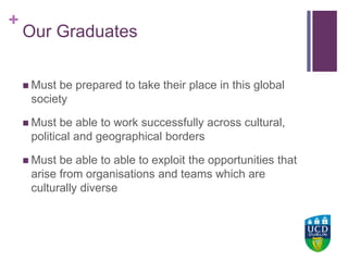 +UCD Colleges
Our Graduates
 Must be prepared to take their place in this global
society
 Must be able to work successfully across cultural,
political and geographical borders
 Must be able to able to exploit the opportunities that
arise from organisations and teams which are
culturally diverse
 