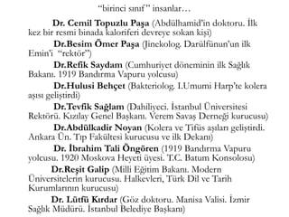 “birinci sınıf ” insanlar…
Dr. Cemil Topuzlu Paşa (Abdülhamid’in doktoru. İlk
kez bir resmi binada kaloriferi devreye sokan kişi)
Dr.Besim Ömer Paşa (Jinekolog. Darülfünun’un ilk
Emin’i “rektör”)
Dr.Refik Saydam (Cumhuriyet döneminin ilk Sağlık
Bakanı. 1919 Bandırma Vapuru yolcusu)
Dr.Hulusi Behçet (Bakteriolog. I.Umumi Harp’te kolera
aşısı geliştirdi)
Dr.Tevfik Sağlam (Dahiliyeci. İstanbul Üniversitesi
Rektörü. Kızılay Genel Başkanı. Verem Savaş Derneği kurucusu)
Dr.Abdülkadir Noyan (Kolera ve Tifüs aşıları geliştirdi.
Ankara Ün. Tıp Fakültesi kurucusu ve ilk Dekanı)
Dr. İbrahim Tali Öngören (1919 Bandırma Vapuru
yolcusu. 1920 Moskova Heyeti üyesi. T.C. Batum Konsolosu)
Dr.Reşit Galip (Milli Eğitim Bakanı. Modern
Üniversitelerin kurucusu. Halkevleri, Türk Dil ve Tarih
Kurumlarının kurucusu)
Dr. Lütfü Kırdar (Göz doktoru. Manisa Valisi. İzmir
Sağlık Müdürü. İstanbul Belediye Başkanı)
 
