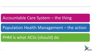 Accountable Care System – the thing
Population Health Management – the action
PHM is what ACSs (should) do
6
 
