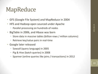 MapReduce
• GFS (Google File System) and MapReduce in 2004
• HFS and Hadoop open sourced under Apache
• Parallel processing on hundreds of nodes
• BigTable in 2006, and Hbase was born
• Store data in massive tables (billion rows / million columns)
• Retrieve key/value pairs in real-time
• Google later released
• Sawzall (query language) in 2005
• Pig & Hive (batch queries) in 2008
• Spanner (online queries like joins / transactions) in 2012
2013-06-19
22
 