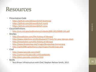 Resources
• Presentation Code
• https://github.com/aforward/chef-bootstrap
• https://github.com/aforward/chef-monit
• https://github.com/aforward/chef-runas
• Cloud Definitions
• http://csrc.nist.gov/publications/nistpubs/800-145/SP800-145.pdf
• DevOps
• http://itrevolution.com/the-history-of-devops/
• http://www.slideshare.net/KrisBuytaert/7-tools-for-your-devops-stack
• http://itrevolution.com/the-history-of-devops/
• http://www.devopsdays.org/images/devopsdays-banner.png
• http://agile2008.agilealliance.org/images/headerLogo.png
• Chef
• http://www.opscode.com/chef/
• http://community.opscode.com/cookbooks
• http://docs.opscode.com/ohai.html
• Books
• Test-Driven Infrastructure with Chef, Stephen Nelson-Smith, 2011
2013-06-19
36
 