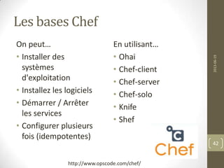 Les bases Chef
On peut…
• Installer des
systèmes
d'exploitation
• Installez les logiciels
• Démarrer / Arrêter
les services
• Configurer plusieurs
fois (idempotentes)
En utilisant…
• Ohai
• Chef-client
• Chef-server
• Chef-solo
• Knife
• Shef
2013-06-19
42
http://www.opscode.com/chef/
 