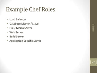 Example Chef Roles
• Load Balancer
• Database Master / Slave
• File / Media Server
• Web Server
• Build Server
• Application Specific Server
2013-06-19
47
 