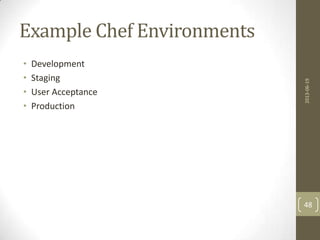 Example Chef Environments
• Development
• Staging
• User Acceptance
• Production
2013-06-19
48
 
