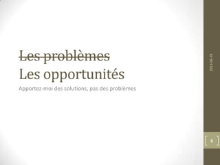 Les problèmes
Les opportunités
Apportez-moi des solutions, pas des problèmes
2013-06-19
6
 