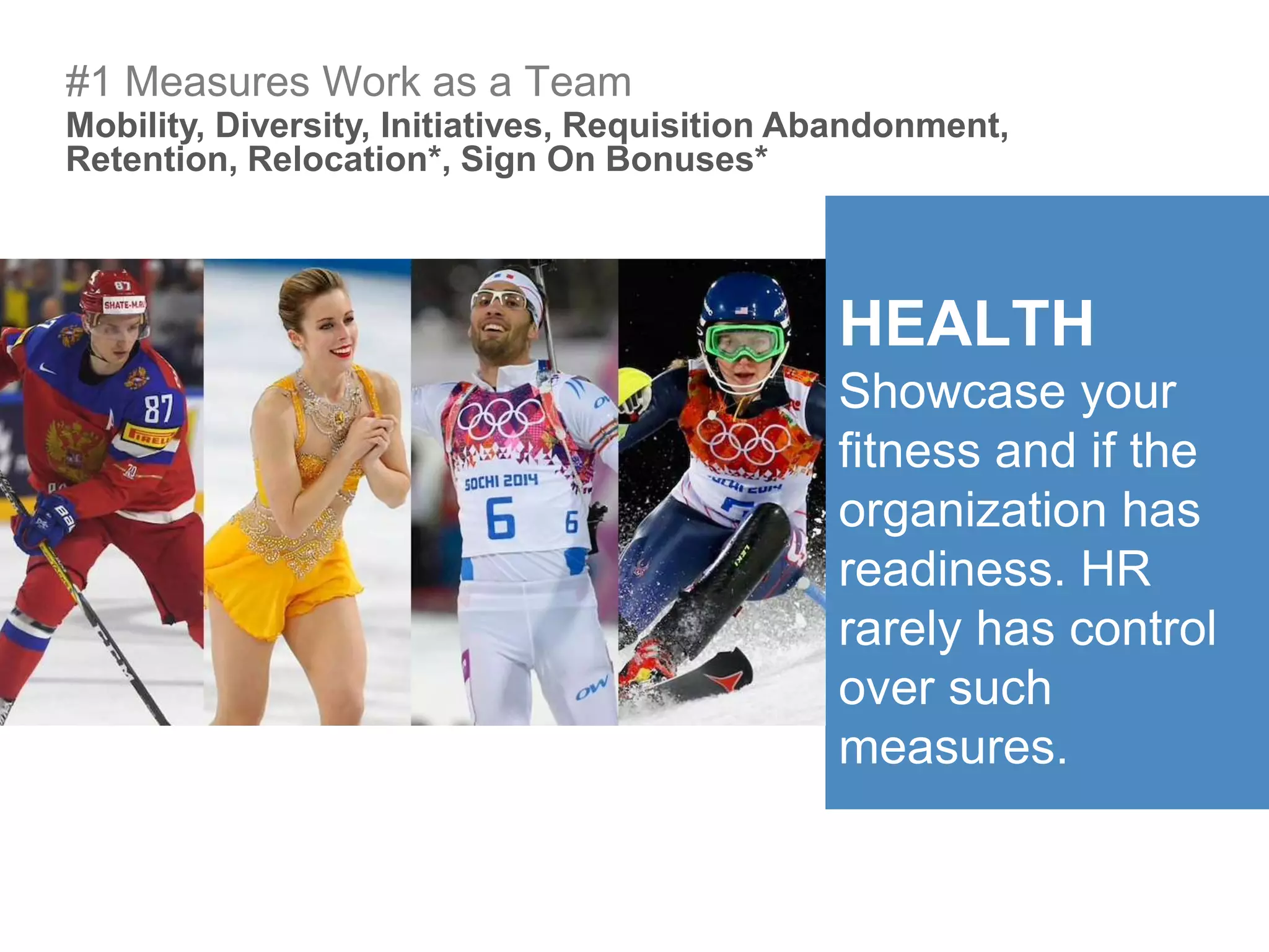 HEALTH
Showcase your
fitness and if the
organization has
readiness. HR
rarely has control
over such
measures.
Mobility, Diversity, Initiatives, Requisition Abandonment,
Retention, Relocation*, Sign On Bonuses*
#1 Measures Work as a Team
 