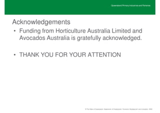 Queensland Primary Industries and Fisheries




Acknowledgements
• Funding from Horticulture Australia Limited and
  Avocados Australia is gratefully acknowledged.

• THANK YOU FOR YOUR ATTENTION




                           © The State of Queensland, Department of Employment, Economic Development and Innovation, 2009
 