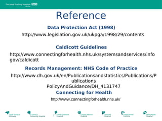 Reference
                Data Protection Act (1998)
    http://www.legislation.gov.uk/ukpga/1998/29/contents

                   Caldicott Guidelines
http://www.connectingforhealth.nhs.uk/systemsandservices/info
gov/caldicott
      Records Management: NHS Code of Practice
http://www.dh.gov.uk/en/Publicationsandstatistics/Publications/P
                         ublications
               PolicyAndGuidance/DH_4131747
                    Connecting for Health
                 http://www.connectingforhealth.nhs.uk/
 