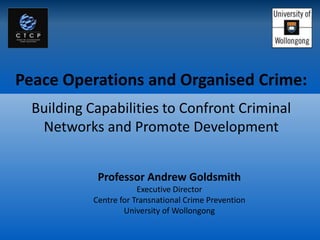 Peace Operations and Organised Crime:
  Building Capabilities to Confront Criminal
   Networks and Promote Development


             Professor Andrew Goldsmith
                        Executive Director
            Centre for Transnational Crime Prevention
                    University of Wollongong
 
