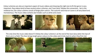 Colour schemes are also an important aspect of music videos and choosing the right one to fit the genre is very
important. Pop videos tend to have neutral colour schemes, and ‘Love Story’ follows this convention. Set in the
medieval era, the colour scheme consits of beige plain colours. The costume and mise en scene is all very bland and
monotomous. The music video contains dull shades such as white and cream.
The only time the music video doesn't’t follow the colour scheme is at the end of the love story when the two of
them are in a field. This then brings bright green colours to the video and it links back to when they first met
 