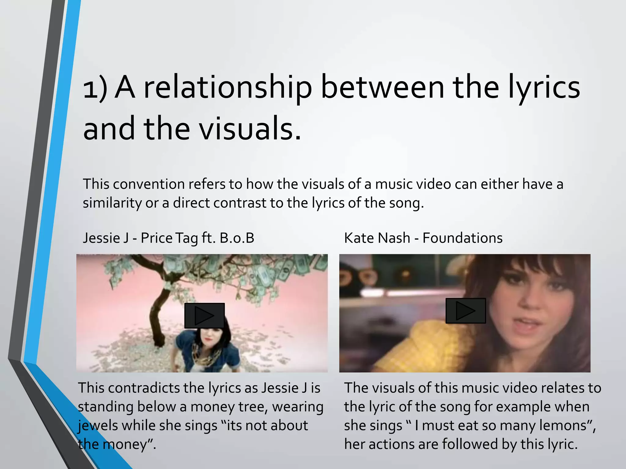 1) A relationship between the lyrics
and the visuals.
This convention refers to how the visuals of a music video can either have a
similarity or a direct contrast to the lyrics of the song.
Jessie J - PriceTag ft. B.o.B Kate Nash - Foundations
This contradicts the lyrics as Jessie J is
standing below a money tree, wearing
jewels while she sings “its not about
the money”.
The visuals of this music video relates to
the lyric of the song for example when
she sings “ I must eat so many lemons”,
her actions are followed by this lyric.
 