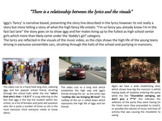 “There is a relationship between the lyrics and the visuals”
Iggy's ‘fancy’ is narrative based, presenting the story line described in the lyrics however its not really a
story but more telling a story of what the high fancy life entails: “I'm so fancy you already know I'm in the
fast last lane" the story goes on to show Iggy and her mates living up to the fullest as high school senior
girls which more than likely come under the ‘daddy's girl’ category.
The lyrics are reflected in the visuals of the music video, as the clips shows the high life of the young teens
driving in exclusive convertible cars, strutting through the halls of the school and partying in mansions.
The video cuts to a hand held long shot, videoing
Iggy and her popular school friend, strutting
through the school halls while the line “who's
that who's that – I G G Y” Is sung referring to the
fact that Iggy is the top hot student within her
school, so a lot of females and jocks will question
who she is quite a number of times as she is the
most exclusive chick everyone needs to know
about.
The video cuts to a long shot which
establishes the high way and Iggy's
friends driving the car as the artist raps
“rooftop like we bringing 88 back” the
rooftop of the car is rolled down which
represents the high life of Iggy and her
friends
Again we have a wide establishing shot,
which shows how big the mansion is whilst
having loads of students entering the party
while the line “Chandelier swinging, we
don't give a f**k” this indicates the
wildness of the party they were having (in
the hotel room they proceeded to trash!),
or possibly the volume of music and level of
activity that was causing the chandelier to
swing.
 