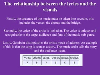 The relationship between the lyrics and the
visuals
Firstly, the structure of the music must be taken into account, this
includes the verses, the chorus and the bridge.
Secondly, the voice of the artist is looked at. The voice is unique, and
recognisable to the target audience and fans of the music sub-genre.
Lastly, Goodwin distinguishes the artists mode of address. An example
of this is that the song is seen as a story. The music artist tells the story,
and the audience listen.
 