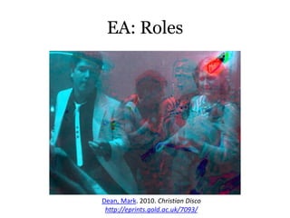 EA: Roles




Dean, Mark. 2010. Christian Disco
 http://eprints.gold.ac.uk/7093/
 
