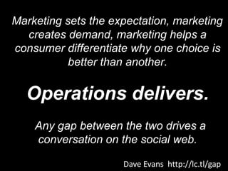 Marketing sets the expectation, marketing creates demand, marketing helps a consumer differentiate why one choice is better than another. Operations delivers.   Any gap between the two drives a conversation on the social web. Dave Evans  http://lc.tl/gap