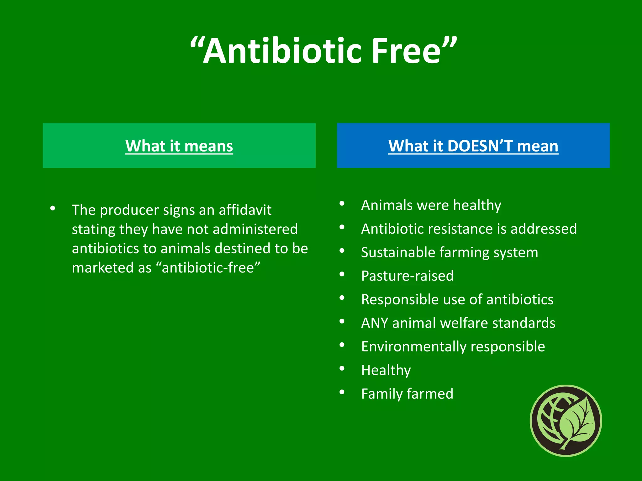 “Antibiotic Free”
• The producer signs an affidavit
stating they have not administered
antibiotics to animals destined to be
marketed as “antibiotic-free”
• Animals were healthy
• Antibiotic resistance is addressed
• Sustainable farming system
• Pasture-raised
• Responsible use of antibiotics
• ANY animal welfare standards
• Environmentally responsible
• Healthy
• Family farmed
What it means What it DOESN’T mean
 