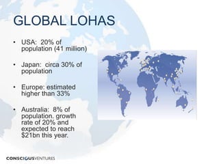 Sustainable LivingLOHAS MARKETPLACEORGANIC FOODSNATURAL PERSONAL CAREHYBRID/ ELECTRIC VEHICLEGREEN BUILDING & INTERIORSENERGY EFFICIENT PRODUCTSSRI/ ETHICAL INVESTINGECO HOUSELHOLD PRODUCTSETHICAL FASHIONSPIRITUALITY AND WELLNESSFAIR TRADE PRODUCTS ECOTOURISMALERTNATIVE MEDICINE