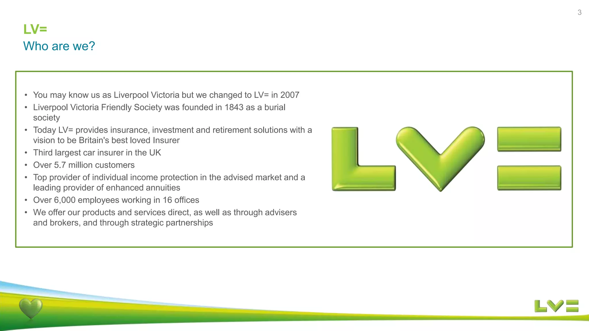LV=
3
Who are we?
• You may know us as Liverpool Victoria but we changed to LV= in 2007
• Liverpool Victoria Friendly Society was founded in 1843 as a burial
society
• Today LV= provides insurance, investment and retirement solutions with a
vision to be Britain's best loved Insurer
• Third largest car insurer in the UK
• Over 5.7 million customers
• Top provider of individual income protection in the advised market and a
leading provider of enhanced annuities
• Over 6,000 employees working in 16 offices
• We offer our products and services direct, as well as through advisers
and brokers, and through strategic partnerships
 