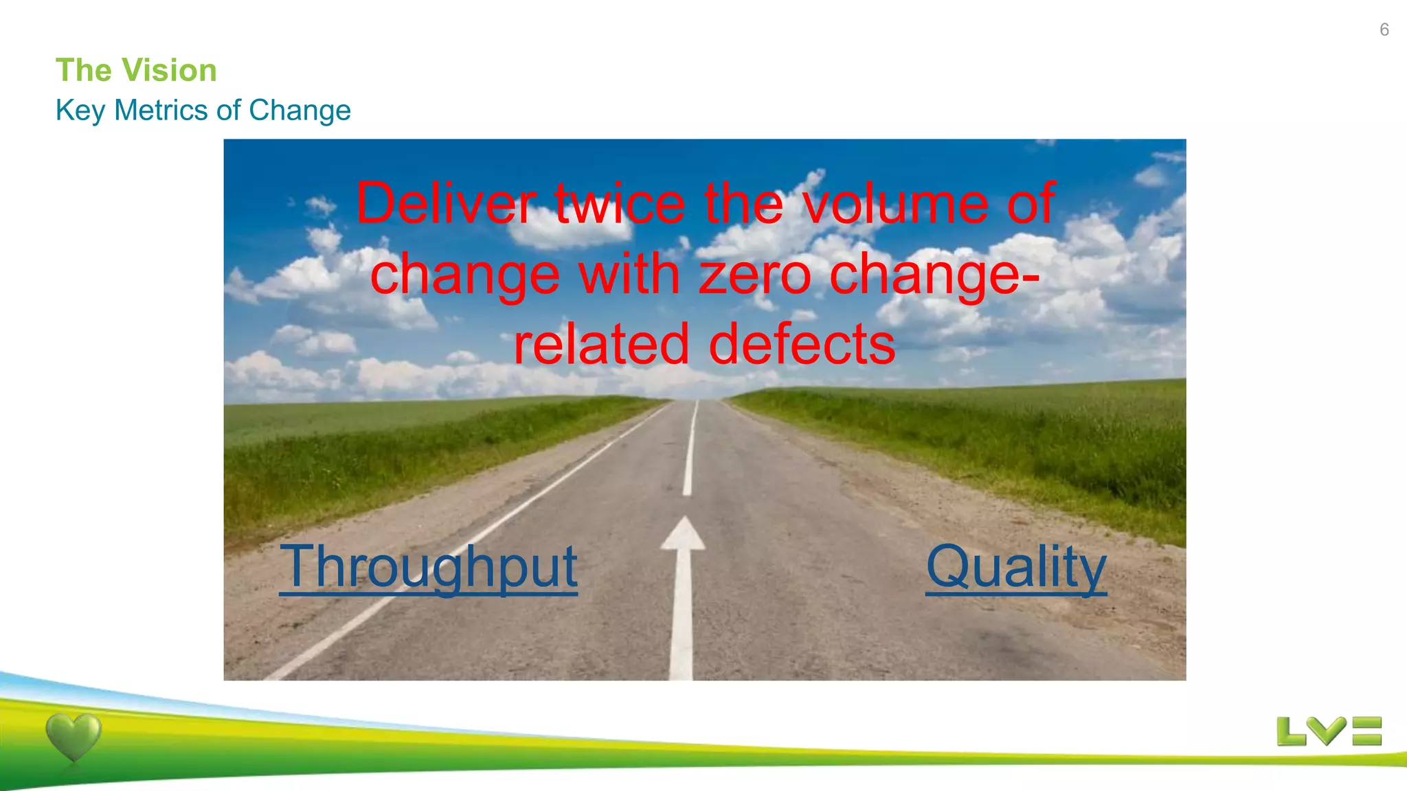 The Vision
6
Key Metrics of Change
Deliver twice the volume of
change with zero change-
related defects
QualityThroughput
 