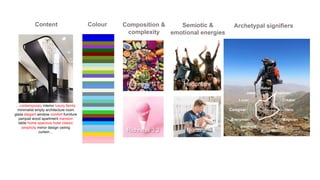 …contemporary interior luxury family
minimalist empty architecture room
glass elegant window comfort furniture
parquet wood apartment mansion
table home spacious hotel classic
simplicity mirror design ceiling
curtain…
MediumBlue
Blue
Olive
DarkOrchid
DarkGreen
Maroon
OliveDrab
DarkOliveGreen
PowderBlue
PaleGoldenrod
YellowGreen
SlateBlue
LightYellow
CadetBlue
CornflowerBlue
Beige
LightSlateGray
LightSkyBlue
MediumAquamarine
SlateGray
PaleTurquoise
LimeGreen
SaddleBrown
DarkBlue
DeepSkyBlue
LightSteelBlue
SkyBlue
Gold
LightPink
Pink
Content Colour Composition &
complexity
Archetypal signifiers
Semiotic &
emotional energies
Hedonism
Richness 9.7
Richness 3.2 Nurture
0
1
2
3
4
5
6
Rebel
Joker
Lover
Caregiver
Everyman
Innocent
Ruler
Sage
Magician
Hero
Creator
Explorer
 