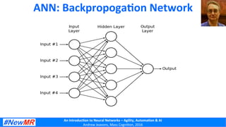 An	
  Introduc+on	
  to	
  Neural	
  Networks	
  –	
  Agility,	
  Automa+on	
  &	
  AI	
  
Andrew	
  Jeavons,	
  Mass	
  Cogni2on,	
  2016	
  
ANN:	
  Backpropoga+on	
  Network	
  
 