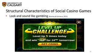 Structural Characteristics of Social Casino Games
18
• Look and sound like gambling (Bramley & Gainsbury, 2015)
 