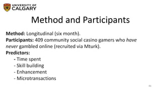 Method and Participants
46
Method: Longitudinal (six month).
Participants: 409 community social casino gamers who have
never gambled online (recruited via Mturk).
Predictors:
- Time spent
- Skill building
- Enhancement
- Microtransactions
 