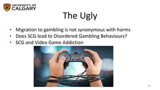 The Ugly
59
• Migration to gambling is not synonymous with harms
• Does SCG lead to Disordered Gambling Behaviours?
• SCG and Video Game Addiction
 