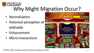 Why Might Migration Occur?
• Normalization
• Distorted perception of
skill/odds
• Enhancement
• Micro-transactions
40Griffiths, WOG; Sevigny, Cloutier, Pelletier, & Ladouceur, CiHB
 
