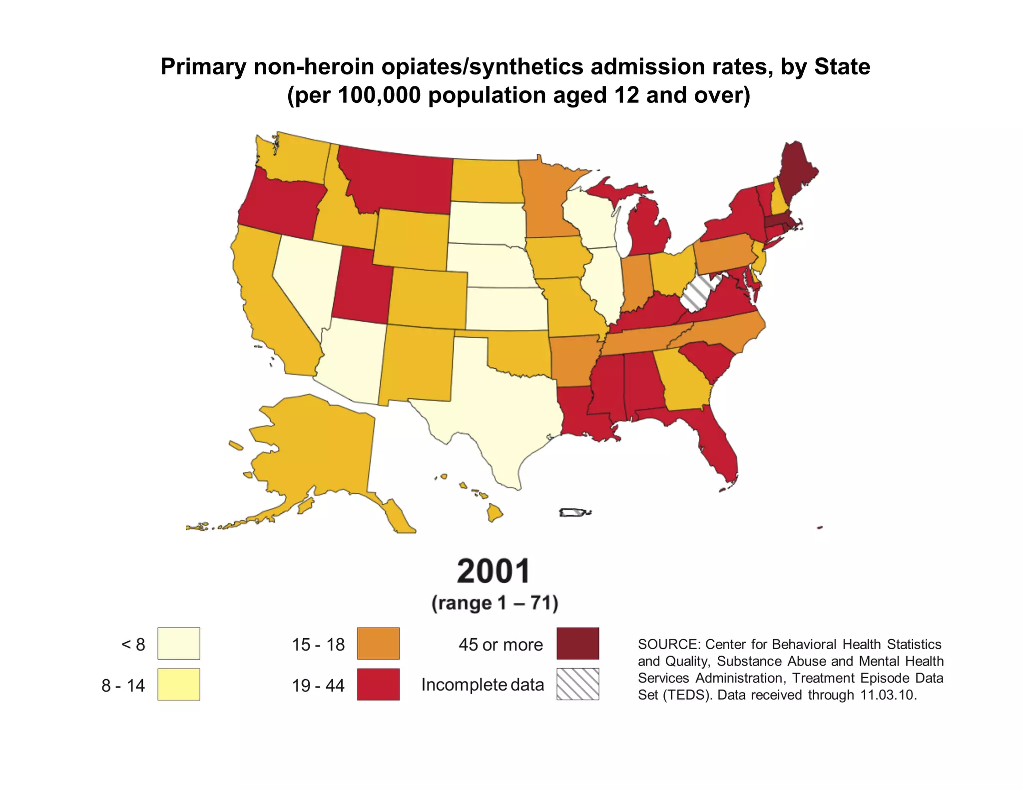 Primary non-heroin opiates/synthetics admission rates, by State
          (per 100,000 population aged 12 and over)
 