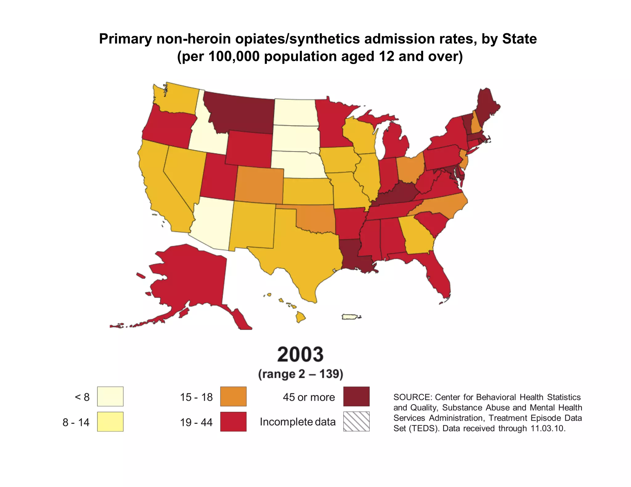 Primary non-heroin opiates/synthetics admission rates, by State
          (per 100,000 population aged 12 and over)
 