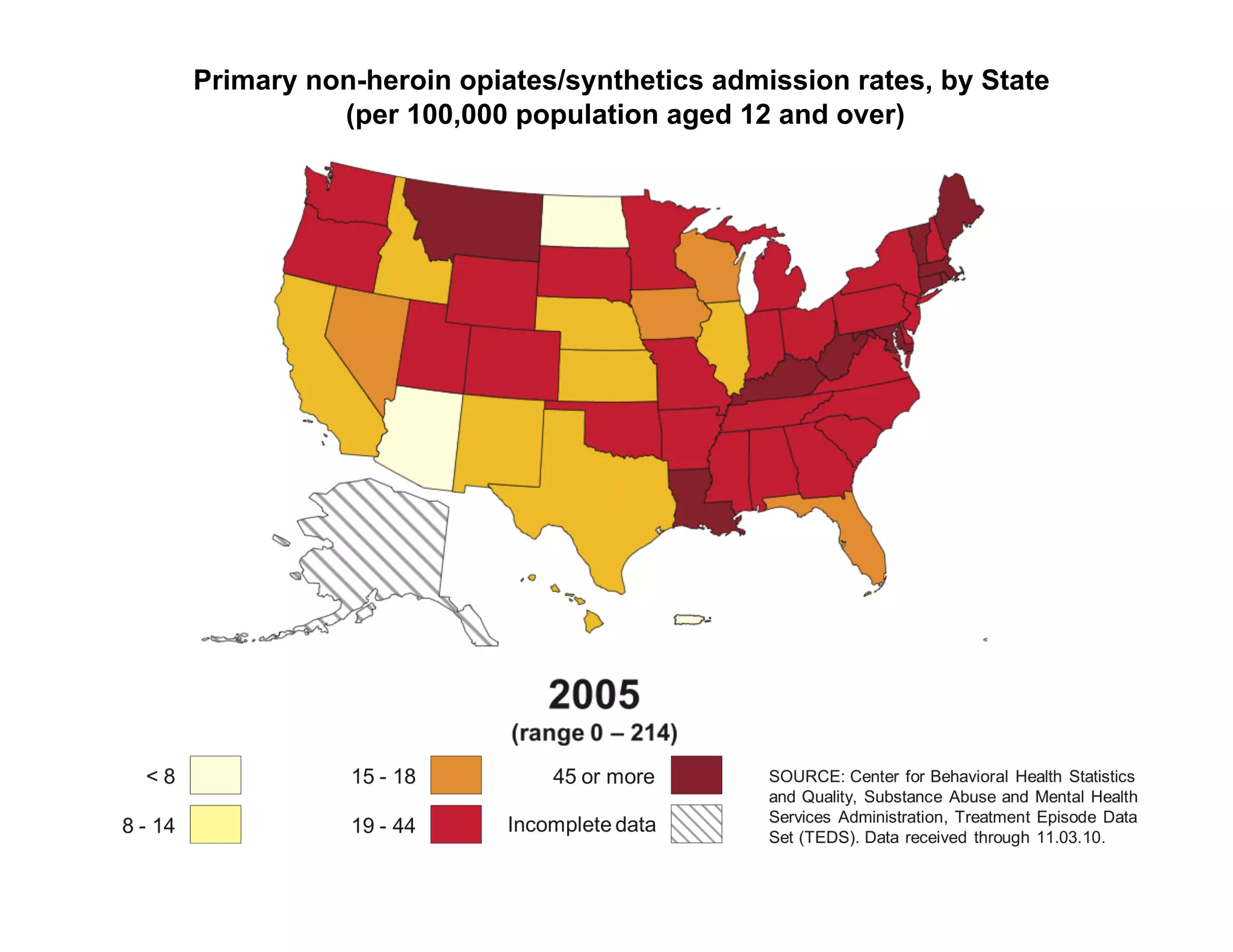 Primary non-heroin opiates/synthetics admission rates, by State
          (per 100,000 population aged 12 and over)
 