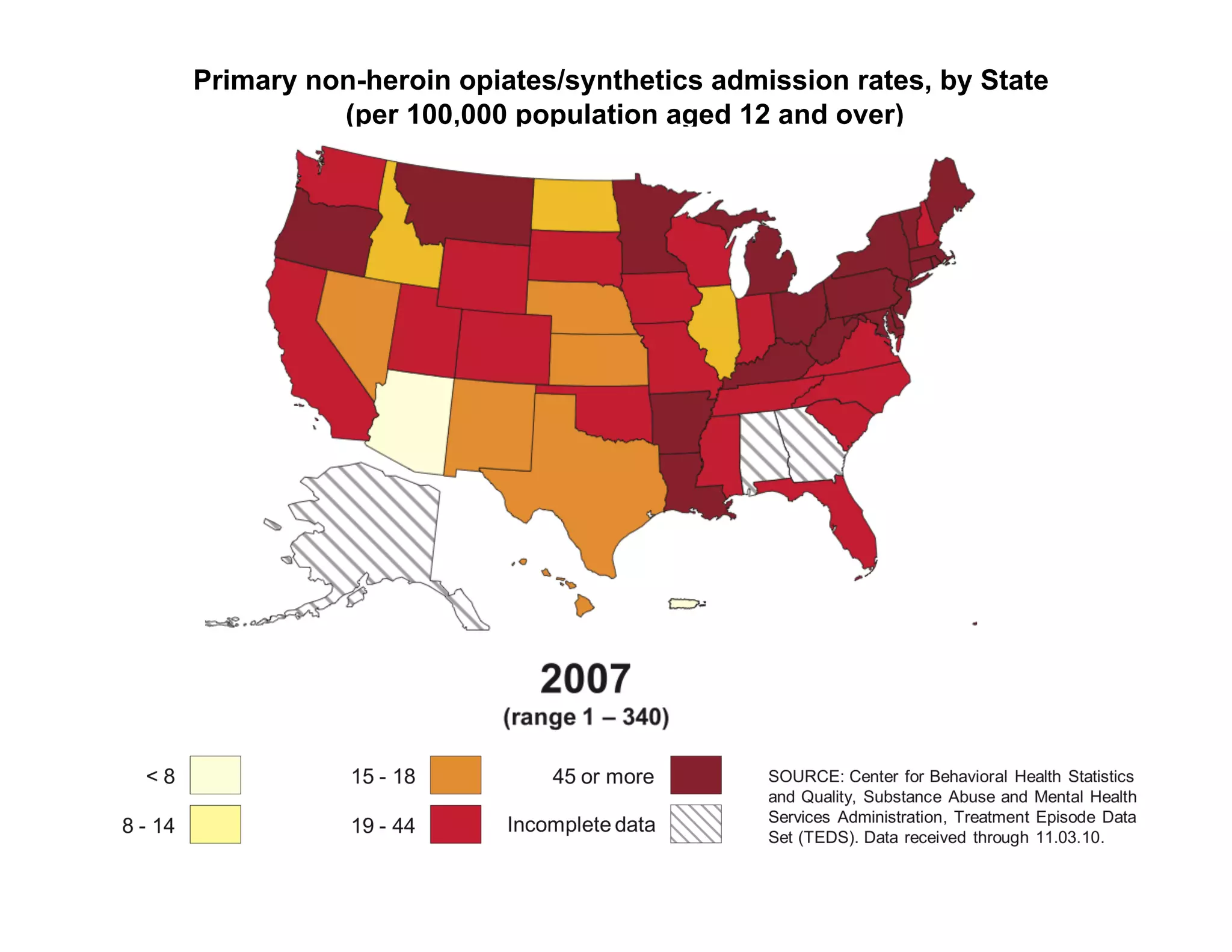 Primary non-heroin opiates/synthetics admission rates, by State
          (per 100,000 population aged 12 and over)
 