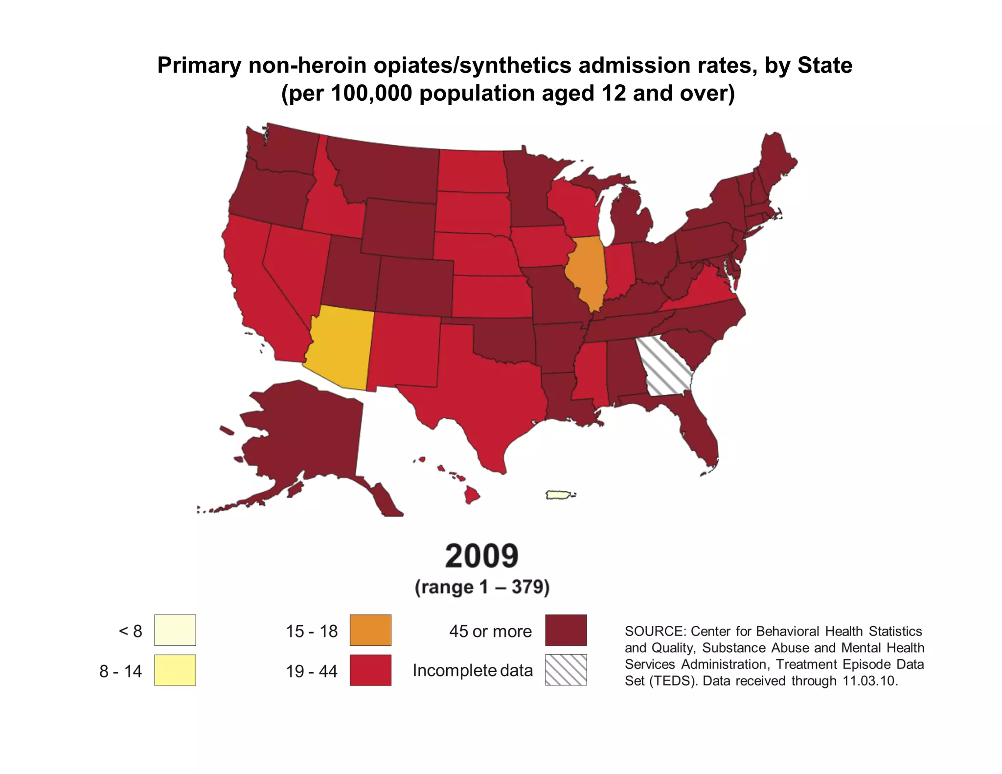 Primary non-heroin opiates/synthetics admission rates, by State
          (per 100,000 population aged 12 and over)
 