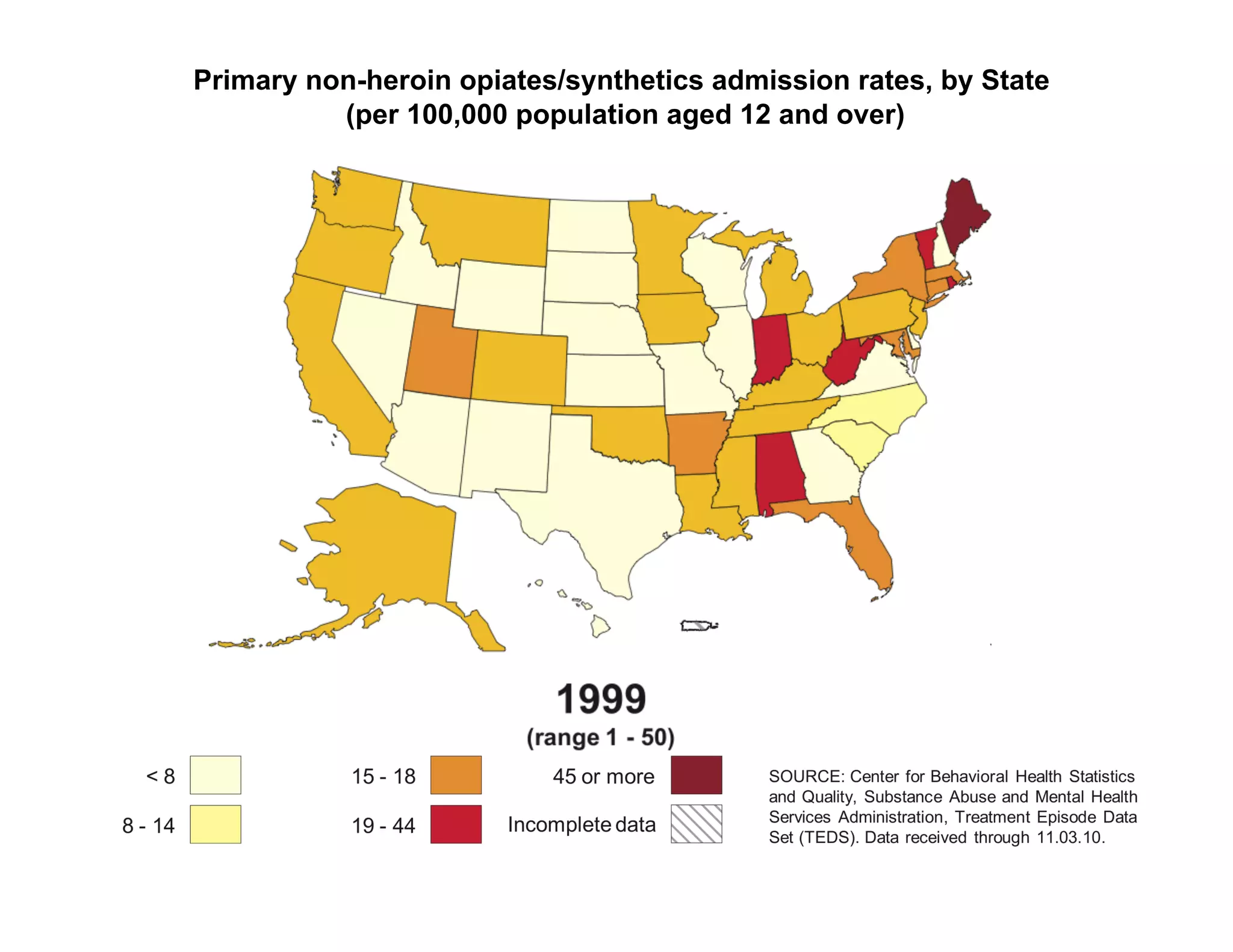 Primary non-heroin opiates/synthetics admission rates, by State
          (per 100,000 population aged 12 and over)
 